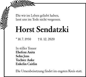Traueranzeige von Horst Sendatzki von lausitzer_rundschau