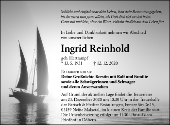 Traueranzeige von Ingrid Reinhold von lausitzer_rundschau
