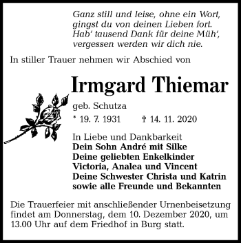 Traueranzeige von Irmgard Thiemar von lausitzer_rundschau