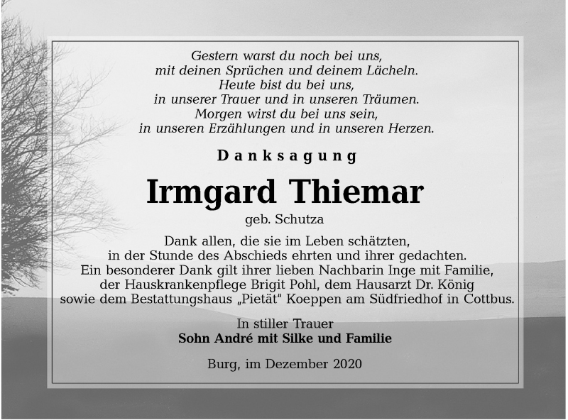  Traueranzeige für Irmgard Thiemar vom 19.12.2020 aus lausitzer_rundschau