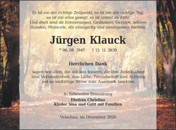 Traueranzeige von Jürgen Klauck von lausitzer_rundschau