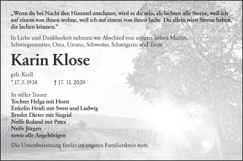 Traueranzeige von Karin Klose von lausitzer_rundschau
