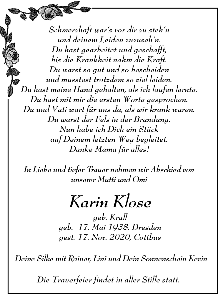 Traueranzeige für Karin Klose vom 12.12.2020 aus lausitzer_rundschau