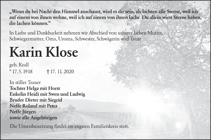 Traueranzeige für Karin Klose vom 12.12.2020 aus lausitzer_rundschau