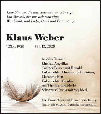 Traueranzeige von Klaus Weber von lausitzer_rundschau