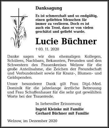 Traueranzeige von Lucie Büchner von lausitzer_rundschau