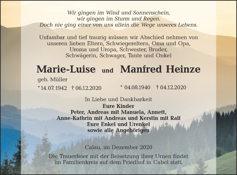  Traueranzeige für Marie-Luise und Manfred Heinze vom 12.12.2020 aus lausitzer_rundschau