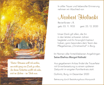 Traueranzeige von Norbert Holinski von lausitzer_rundschau
