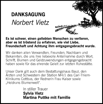 Traueranzeige von Norbert Vietz von lausitzer_rundschau