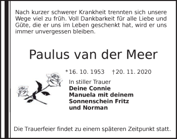 Traueranzeige von Paulus van der Meer von lausitzer_rundschau