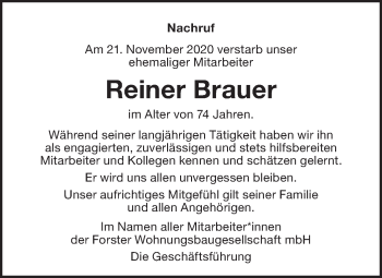 Traueranzeige von Reiner Brauer von lausitzer_rundschau