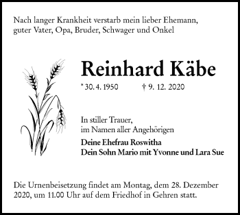 Traueranzeige von Reinhard Käbe von lausitzer_rundschau