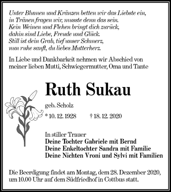 Traueranzeige von Ruth Sukau von lausitzer_rundschau