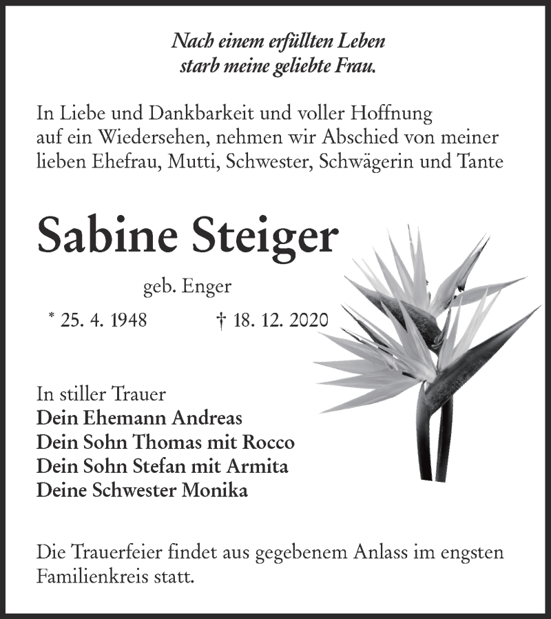  Traueranzeige für Sabine Steiger vom 23.12.2020 aus lausitzer_rundschau