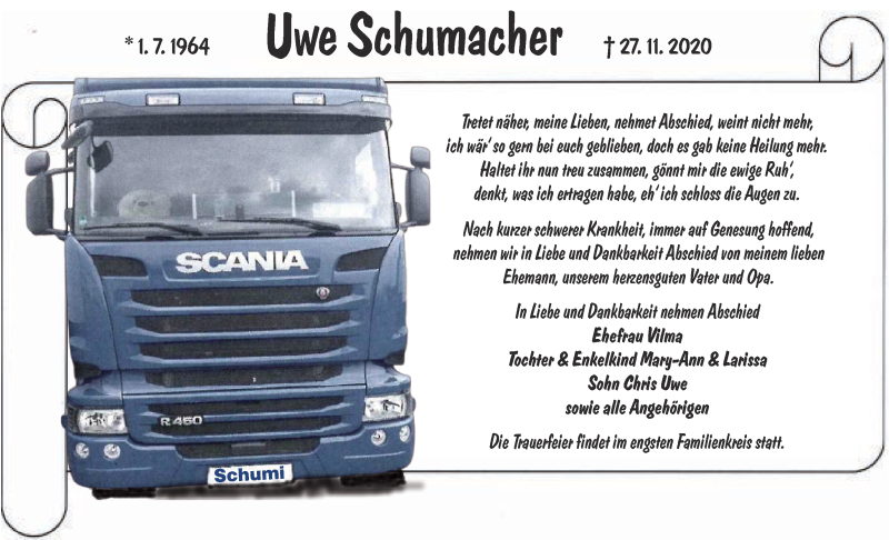  Traueranzeige für Uwe Schumacher vom 05.12.2020 aus lausitzer_rundschau