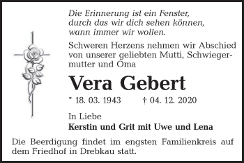 Traueranzeige von Vera Gebert von lausitzer_rundschau