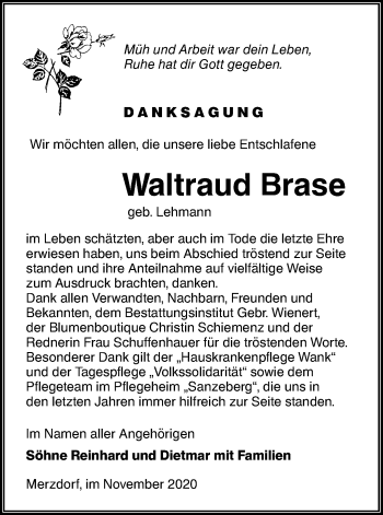 Traueranzeige von Waltraud Brase von lausitzer_rundschau