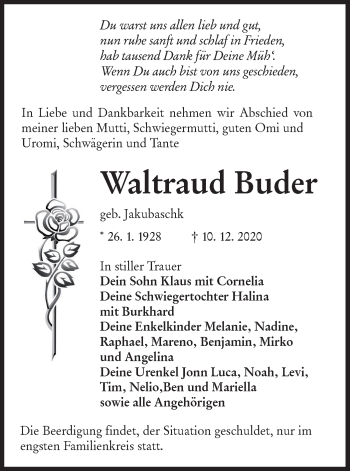 Traueranzeige von Waltraud Buder von lausitzer_rundschau