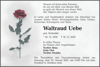 Traueranzeige von Waltraud Uebe von lausitzer_rundschau