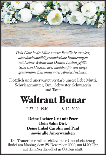 Traueranzeige von Waltraut Bunar von lausitzer_rundschau