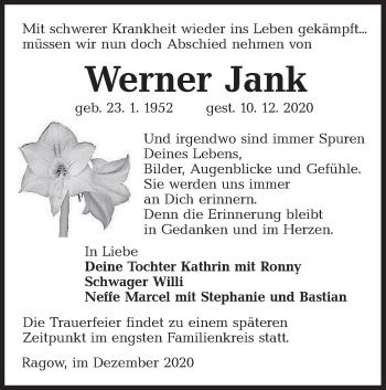Traueranzeige von Werner Jank von lausitzer_rundschau