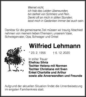 Traueranzeige von Wilfried Lehmann von lausitzer_rundschau