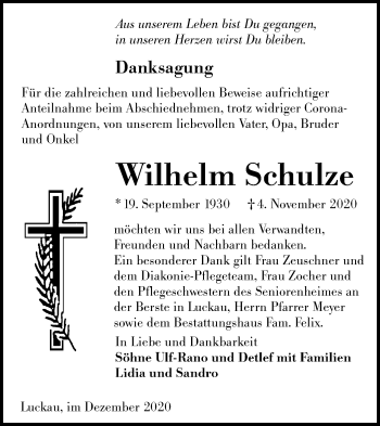 Traueranzeige von Wilhelm Schulze von lausitzer_rundschau