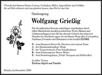 Traueranzeige von Wolfgang Grießig von lausitzer_rundschau