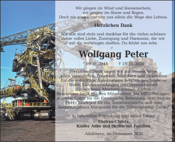 Traueranzeige von Wolfgang Peter von lausitzer_rundschau