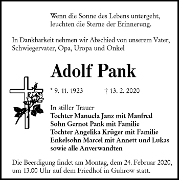 Traueranzeige von Adolf Pank von lausitzer_rundschau