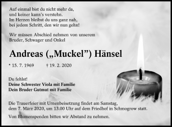 Traueranzeige von Andreas Hänsel von lausitzer_rundschau