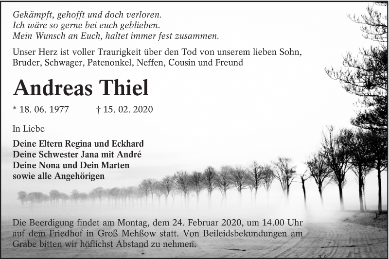  Traueranzeige für Andreas Thiel vom 20.02.2020 aus lausitzer_rundschau