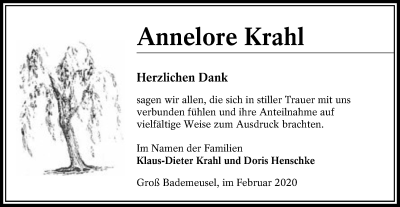  Traueranzeige für Annelore Krahl vom 29.02.2020 aus lausitzer_rundschau
