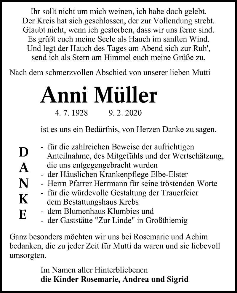  Traueranzeige für Anni Müller vom 22.02.2020 aus lausitzer_rundschau