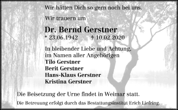 Traueranzeige von Bernd Gerstner von lausitzer_rundschau