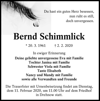 Traueranzeige von Bernd Schimmlick von lausitzer_rundschau