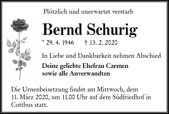 Traueranzeige von Bernd Schurig von lausitzer_rundschau