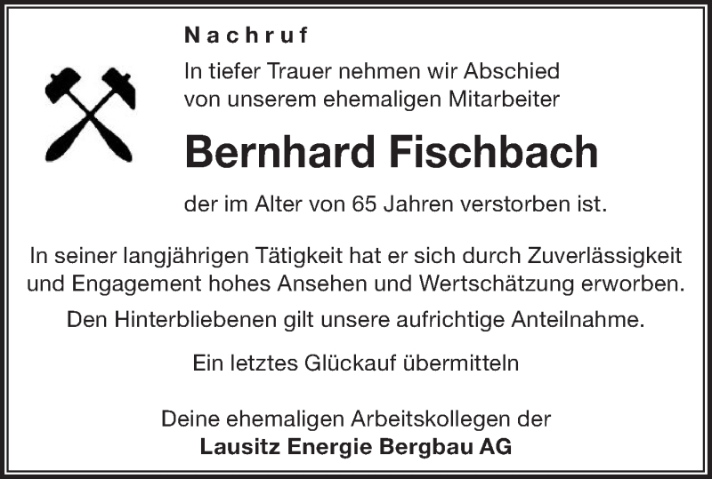  Traueranzeige für Bernhard Fischbach vom 20.02.2020 aus lausitzer_rundschau