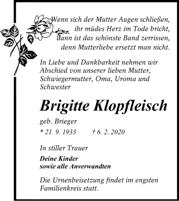 Traueranzeige von Brigitte Klopfleisch von lausitzer_rundschau