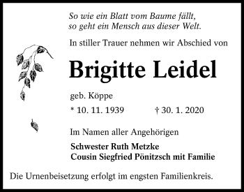 Traueranzeige von Brigitte Leidel von lausitzer_rundschau