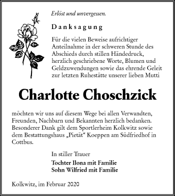 Traueranzeige von Charlotte Choschzick von lausitzer_rundschau