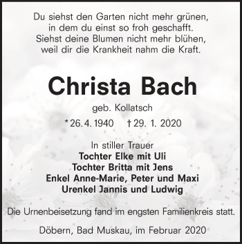 Traueranzeige von Christa Bach von lausitzer_rundschau