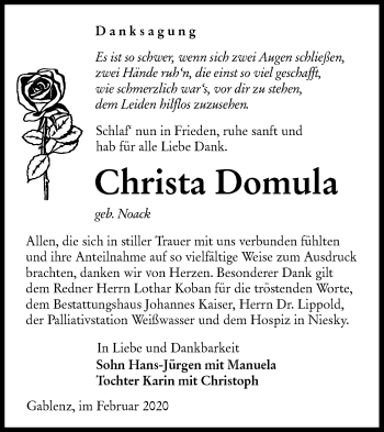 Traueranzeige von Christa Domula von lausitzer_rundschau