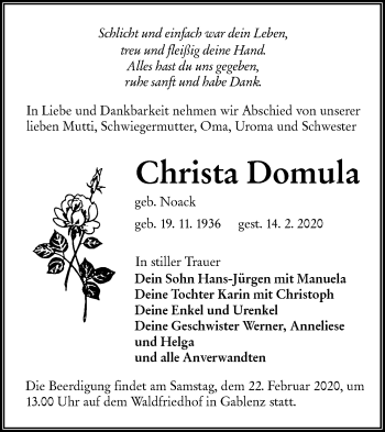 Traueranzeige von Christa Domula von lausitzer_rundschau