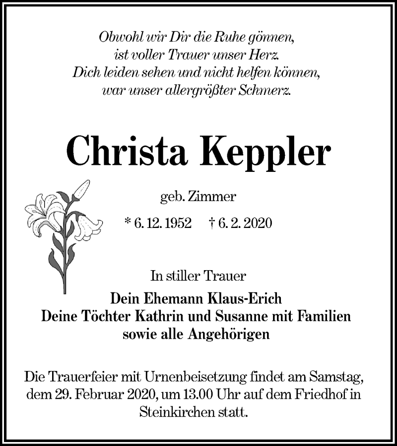  Traueranzeige für Christa Keppler vom 22.02.2020 aus lausitzer_rundschau