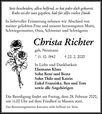 Traueranzeige von Christa Richter von lausitzer_rundschau