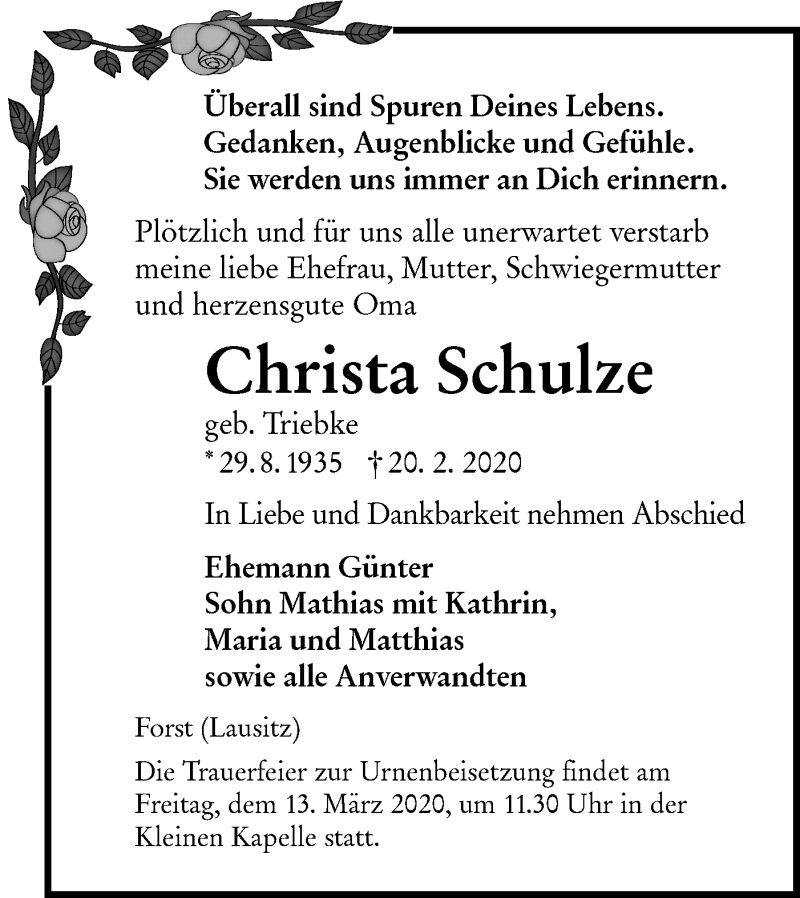 Traueranzeige für Christa Schulze vom 29.02.2020 aus lausitzer_rundschau