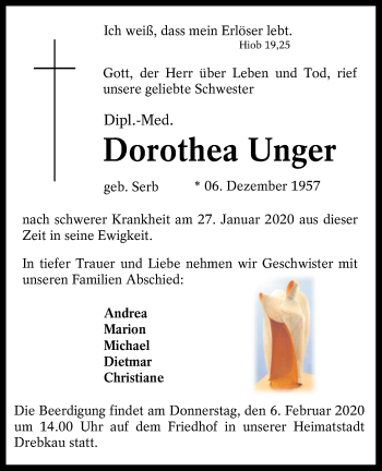 Traueranzeige von Dorothea Unger von lausitzer_rundschau