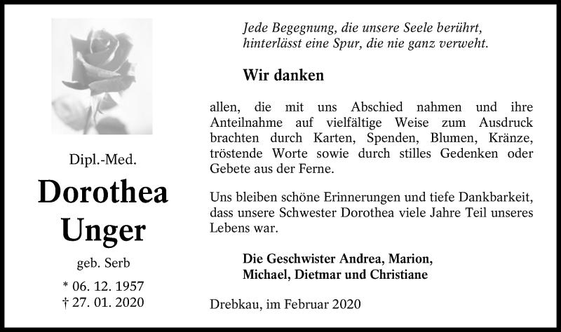  Traueranzeige für Dorothea Unger vom 22.02.2020 aus lausitzer_rundschau