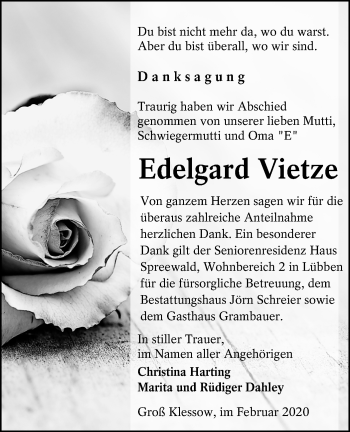 Traueranzeige von Edelgard Vietze von lausitzer_rundschau